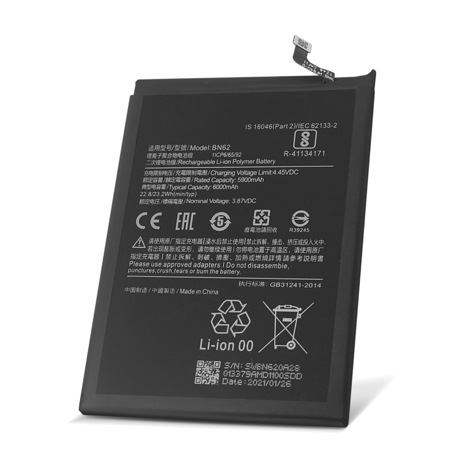 Batteria nera Li-ion, modello BN62, 6000mAh, con simboli di avvertenza e specifiche.