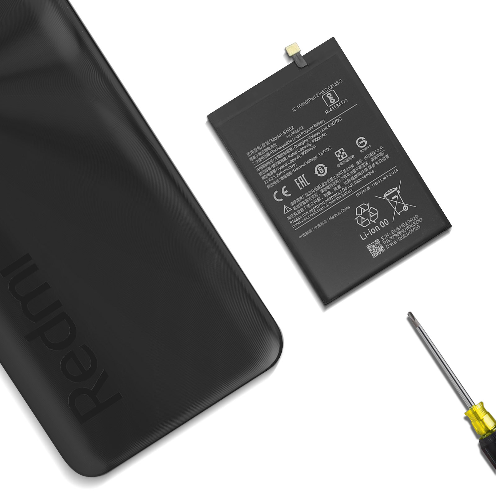 Una custodia nera per telefono con logo Redmi e una batteria Li-ion con cacciavite.
