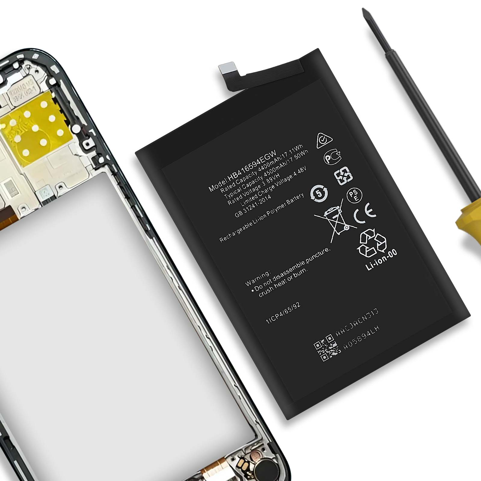 Telaio di telefono smontato, batteria nera e cacciavite su sfondo bianco.