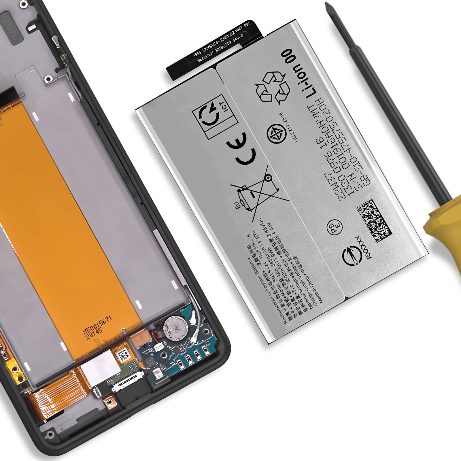Ein Smartphone-Akku und ein Werkzeug liegen neben dem geöffneten Gerät.