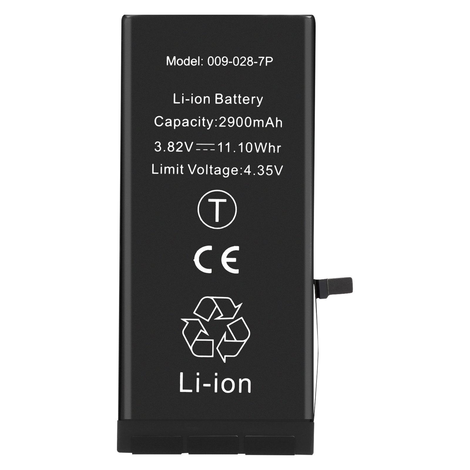 Batteria nera con testo: Modello, Capacità, Tensione, marchio CE e simbolo riciclo.