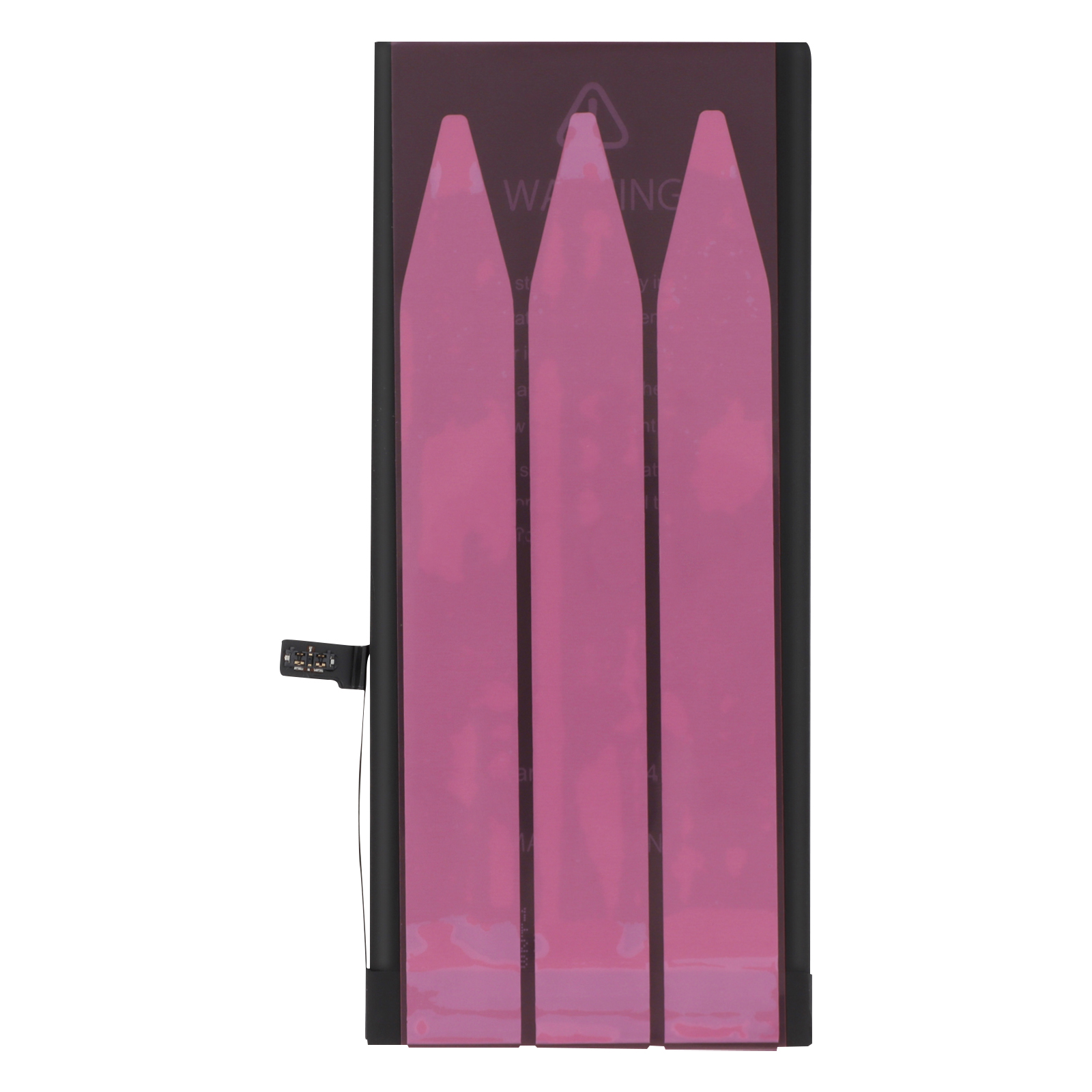 Una batteria rettangolare con adesivi di avvertenza rosa e un cavo di collegamento.