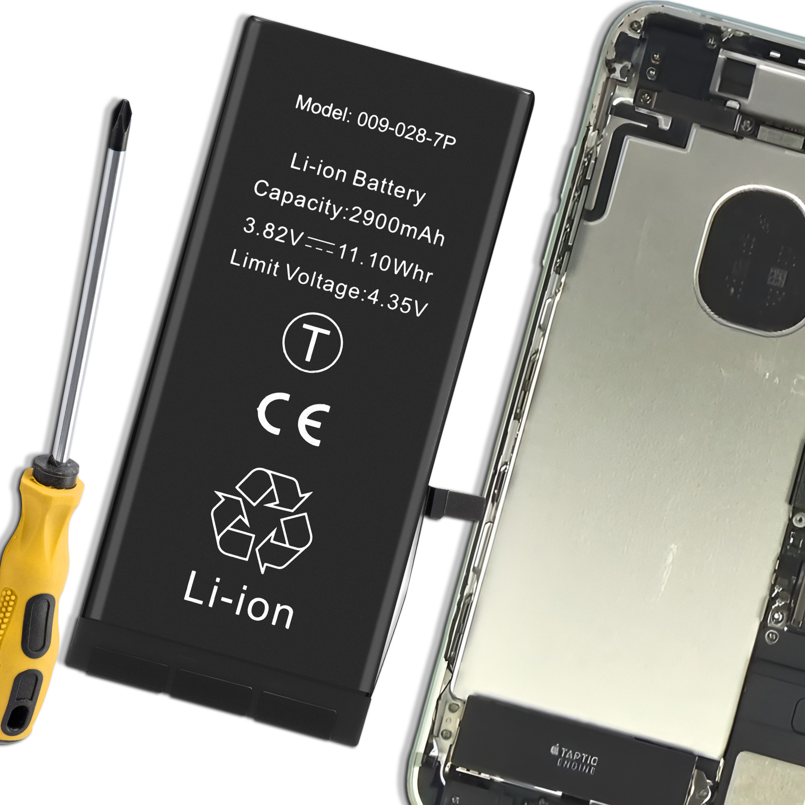 Un cacciavite giallo accanto a una batteria agli ioni di litio e uno smartphone aperto.