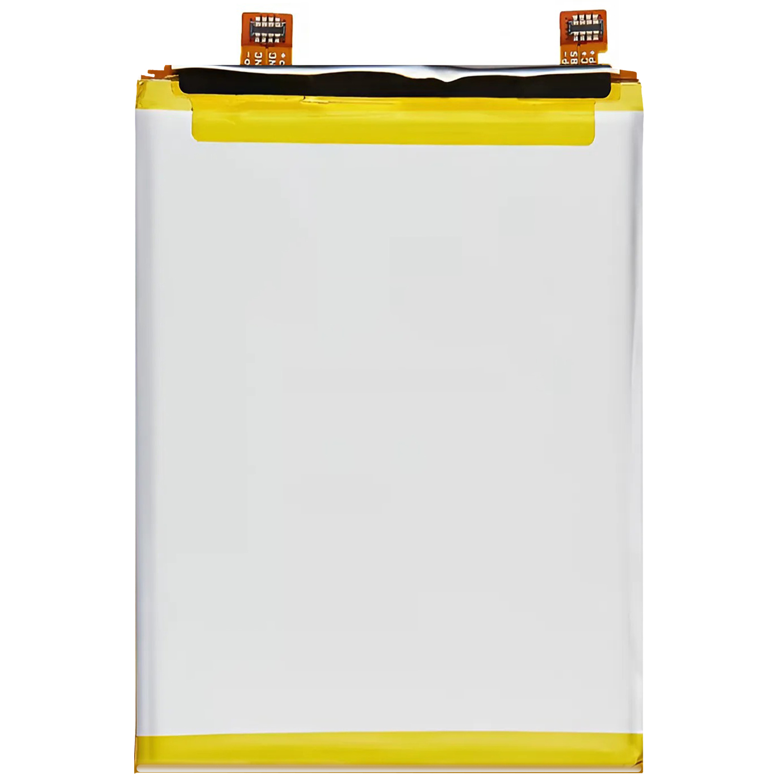 Una batteria rettangolare e sottile con segni gialli e neri.