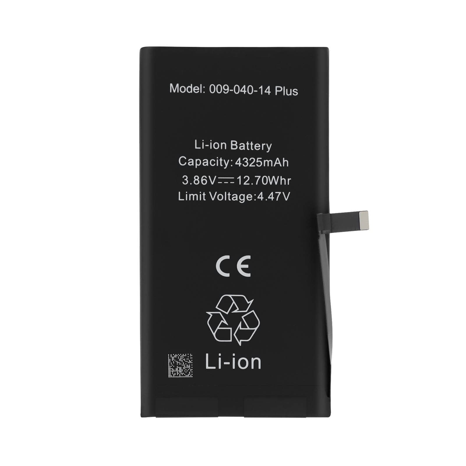 Batteria nera Li-ion, modello 009-040-14 Plus, con marchio CE.