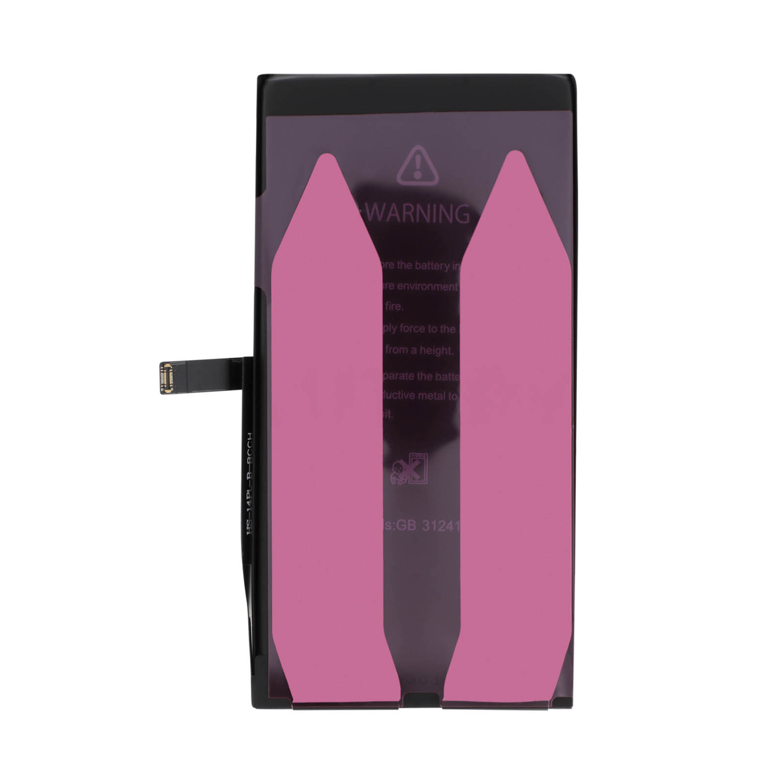 Batteria nera con pellicola protettiva rosa e testo di avviso.