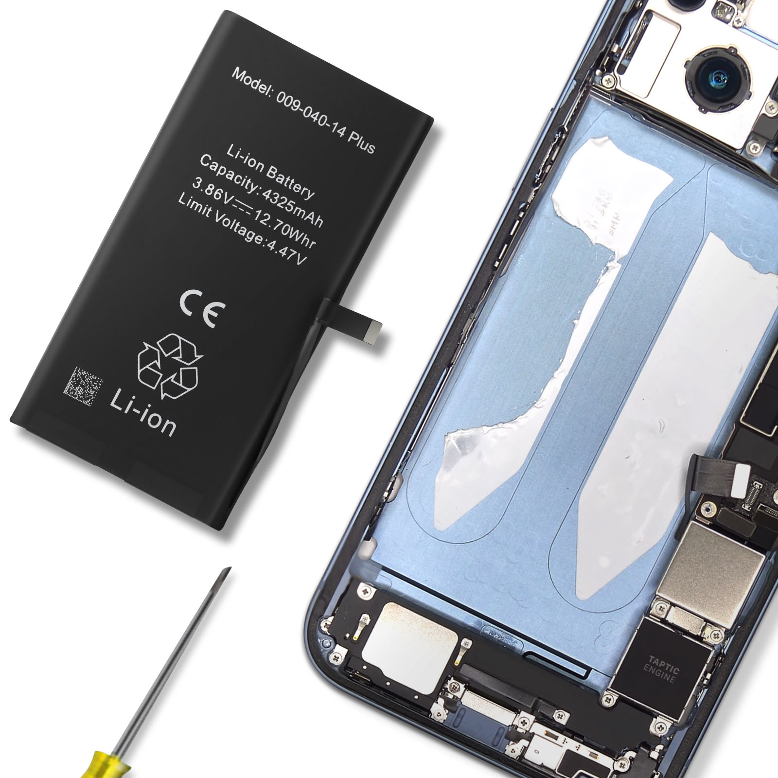 Una batteria per iPhone e un iPhone smontato con attrezzi su sfondo bianco.