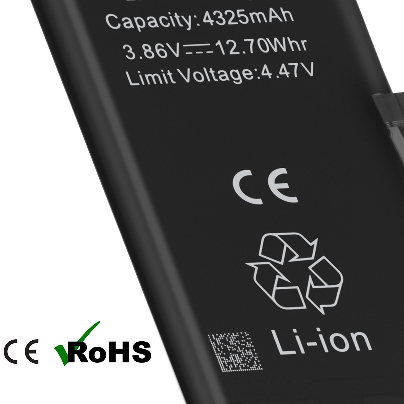 Batteria nera con testo: Capacità, Voltaggio, CE, RoHS, Li-ion.