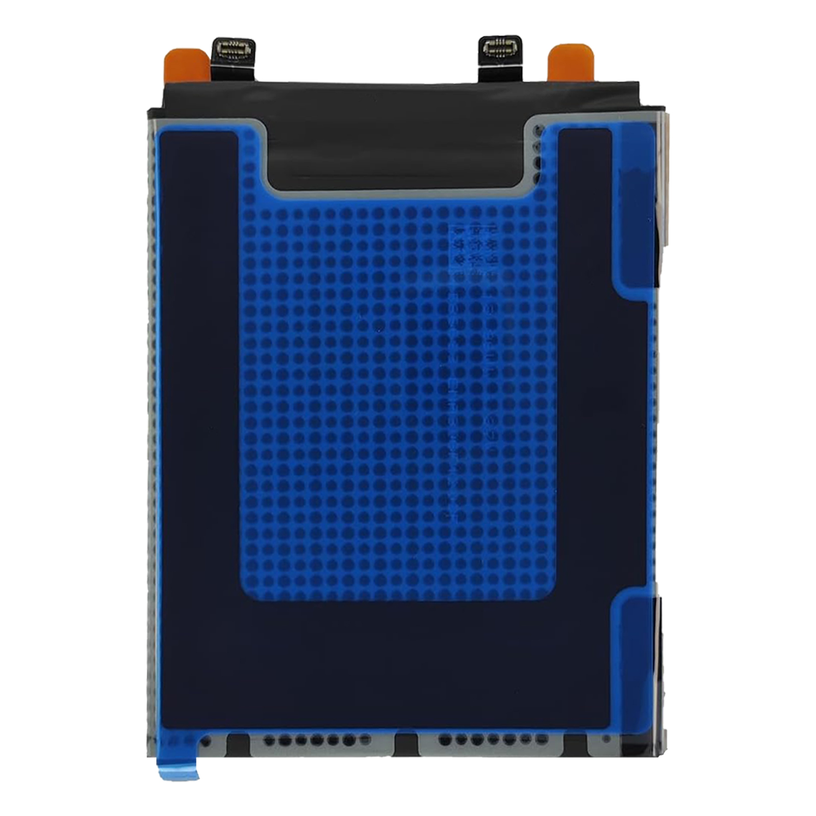 Una batteria rettangolare con accenti blu e neri, connettori bianchi in alto.