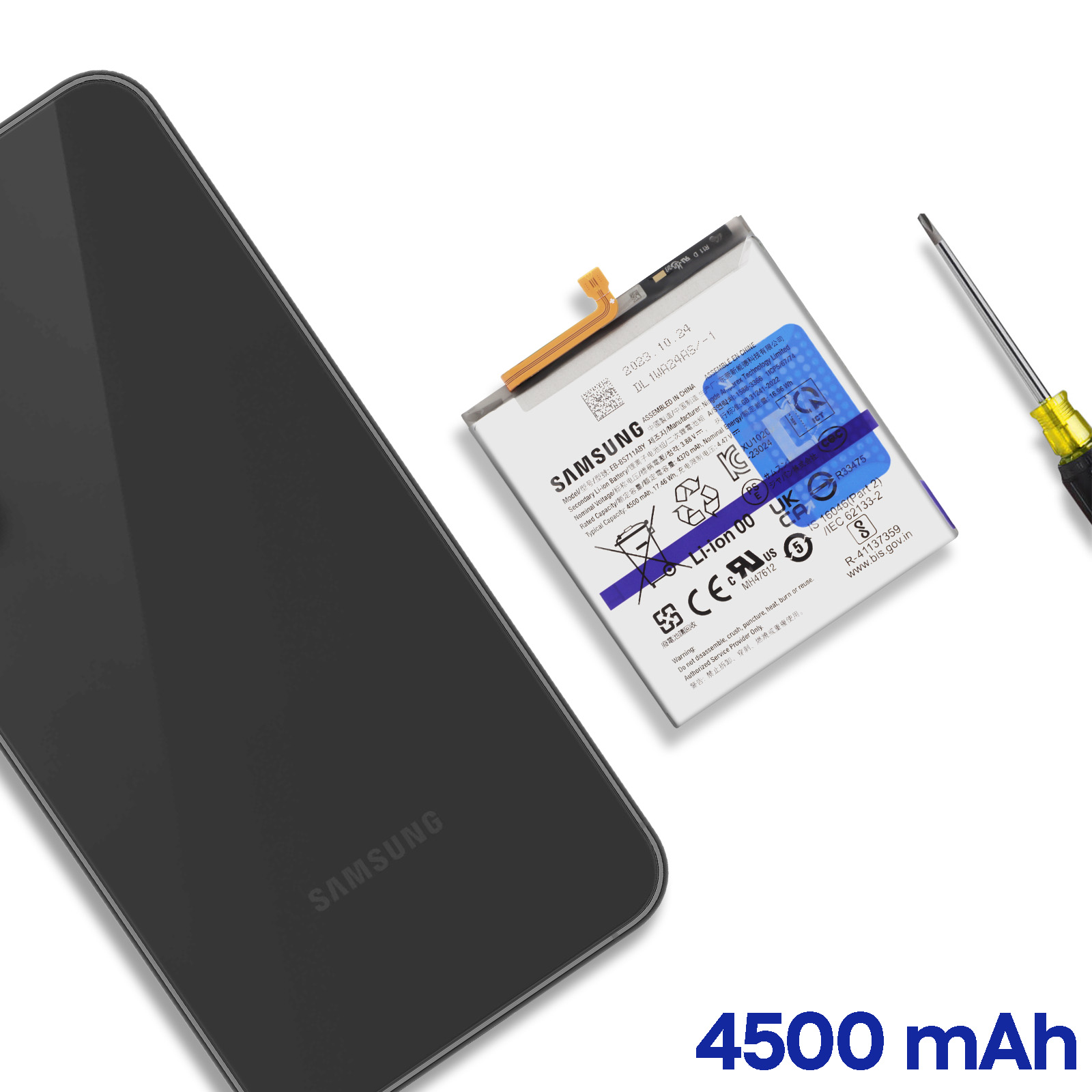 Smartphone noir avec logo Samsung, à côté une batterie et un tournevis.