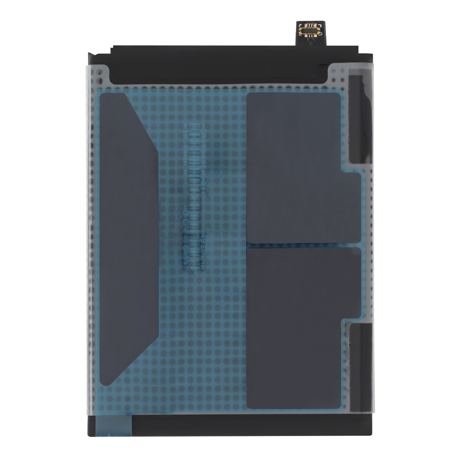 Una batteria trasparente con aree blu e scure e un connettore.