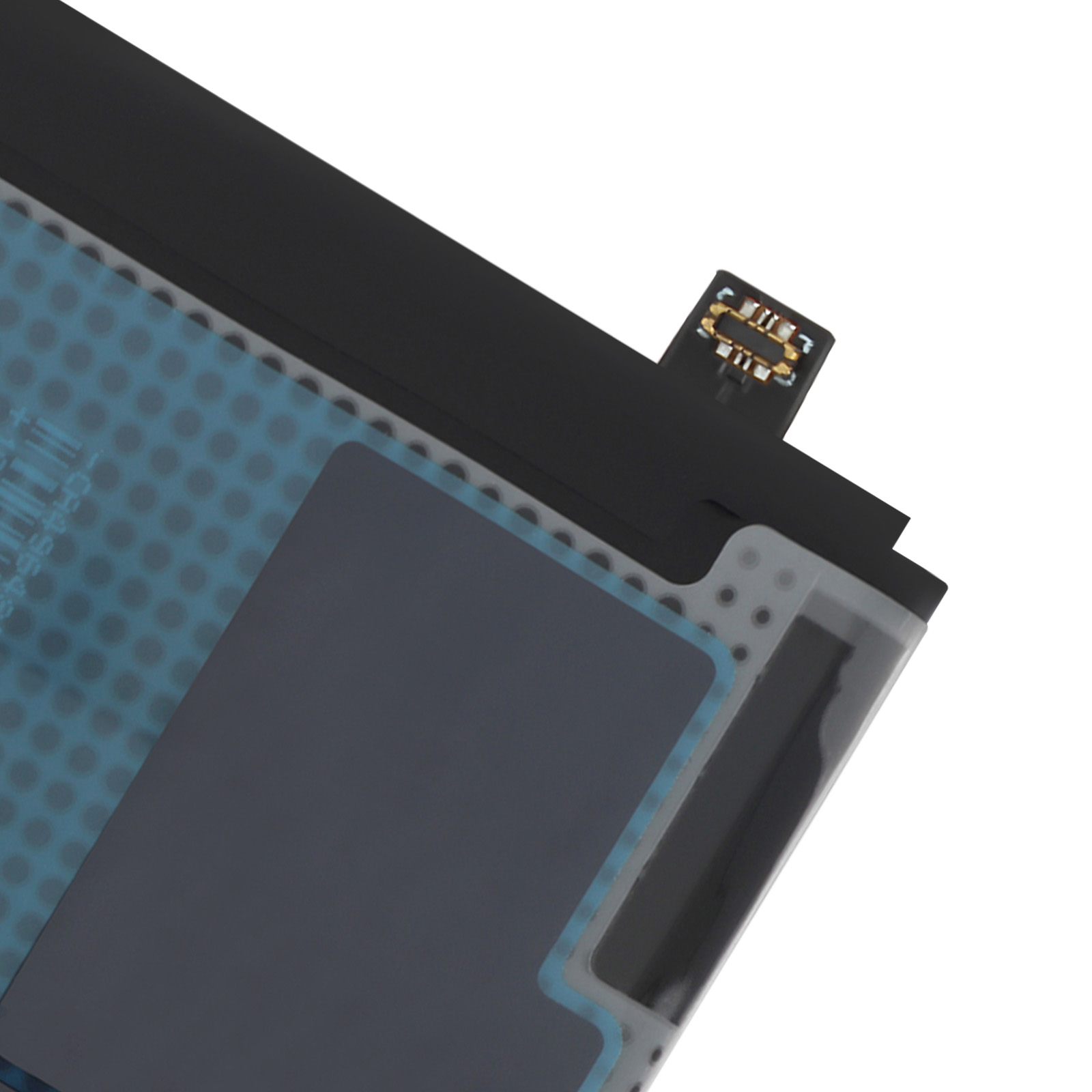 Primo piano di una batteria nera con motivo a pois blu e connettore dorato.