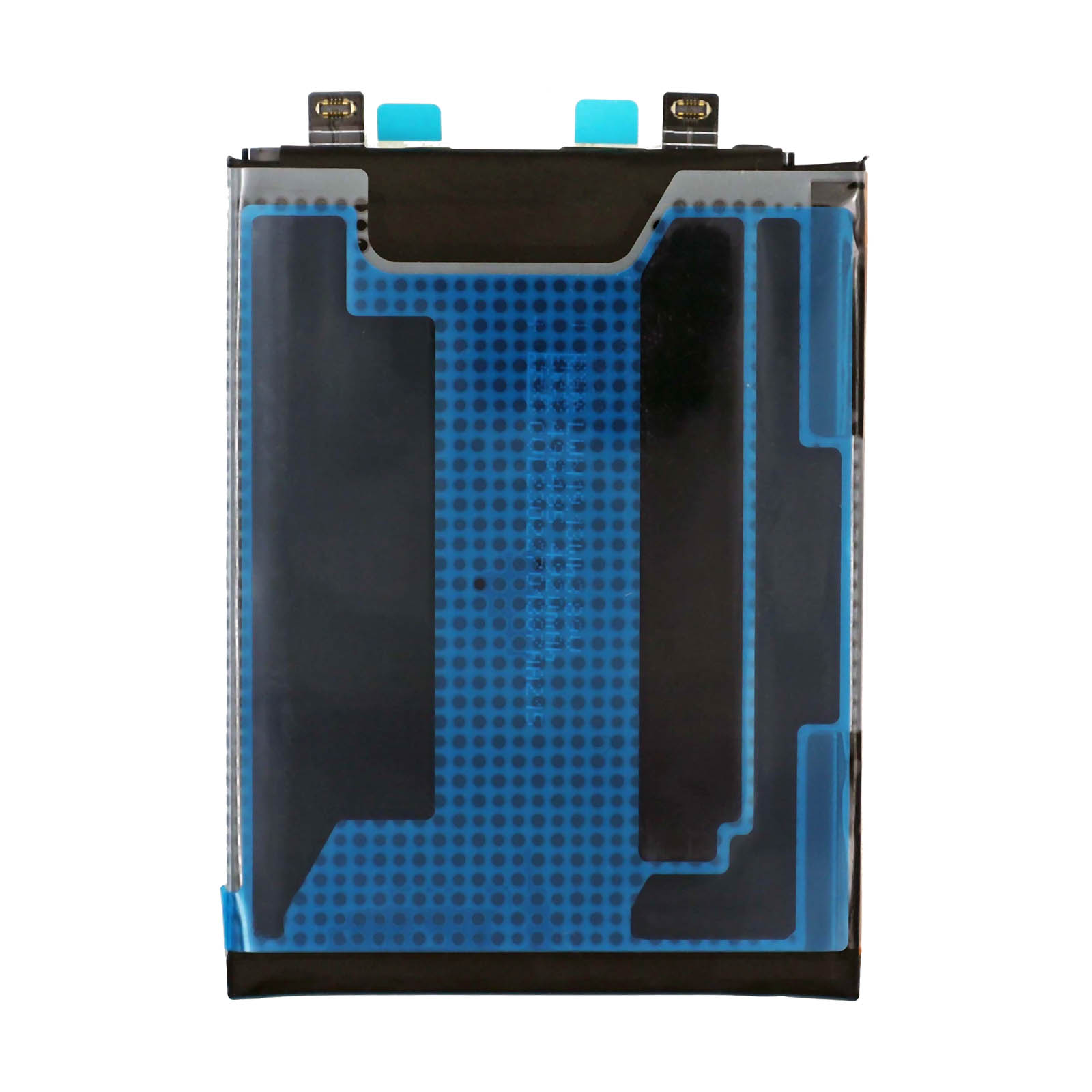 Batteria nera con strisce adesive blu e connettori in alto.