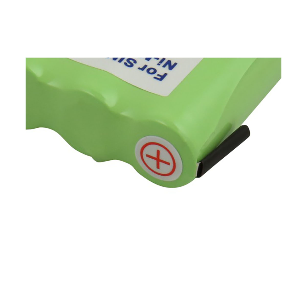 Pacco batteria verde con simbolo più e connettore nero.