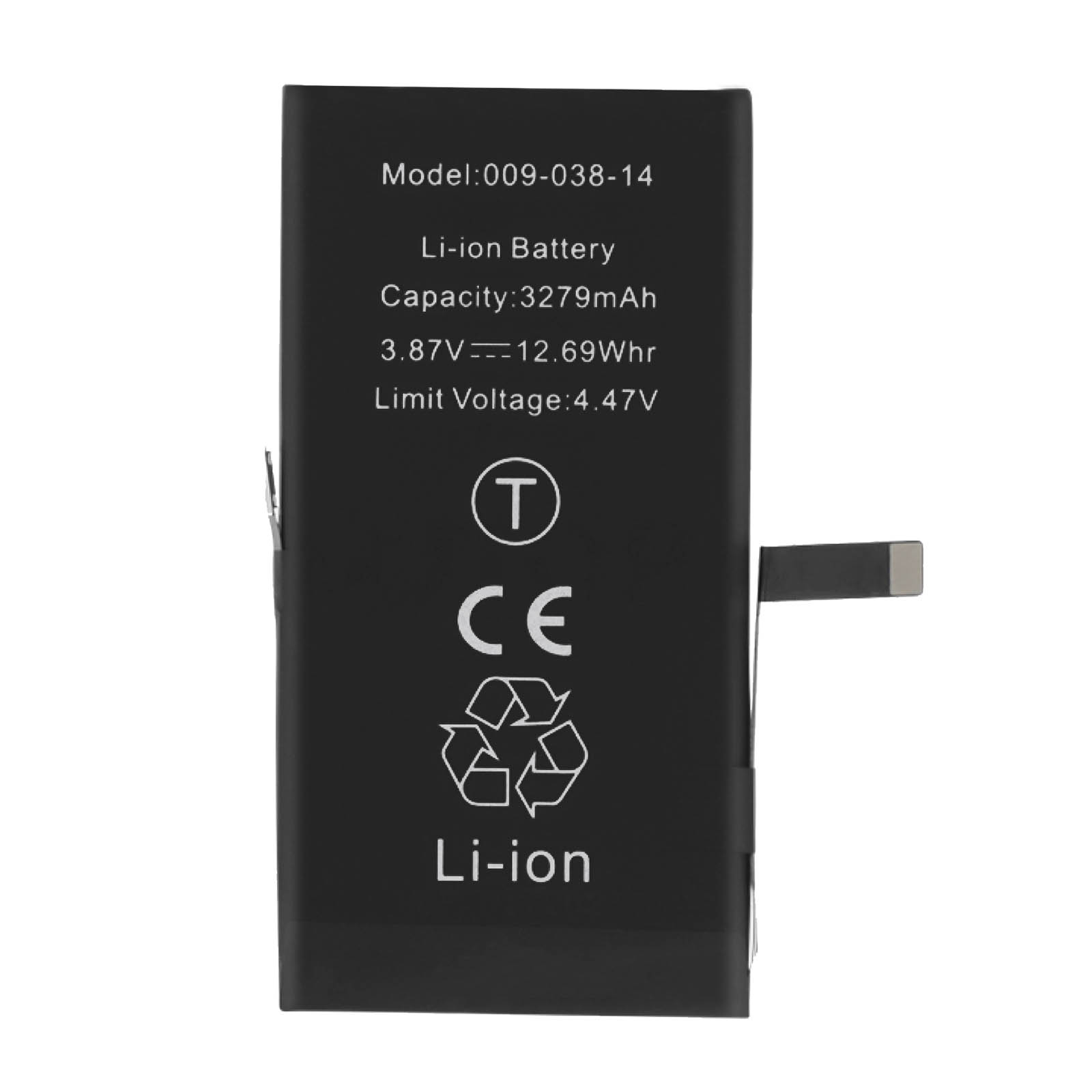 Batteria al litio-ione nera con testo bianco e marchio CE.