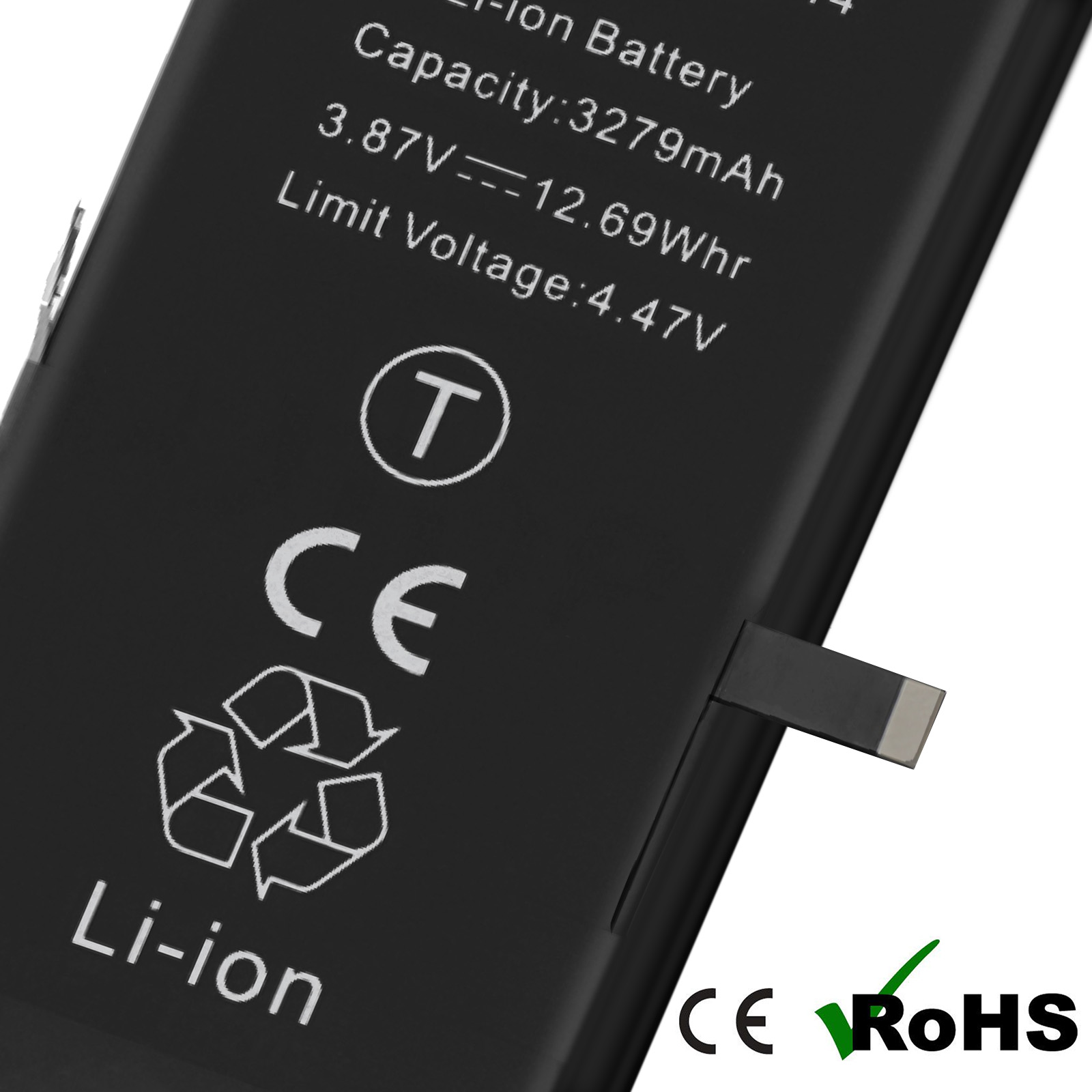 Batteria nera con testo: Capacità, Voltaggio, CE, Li-ion, Simbolo riciclo.