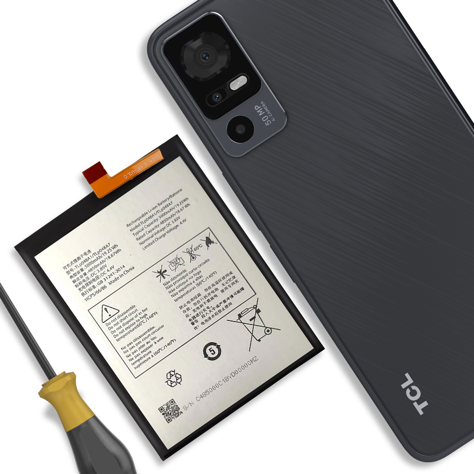 Ein Smartphone und sein Akku liegen nebeneinander. Ein Schraubendreher ist zu sehen.