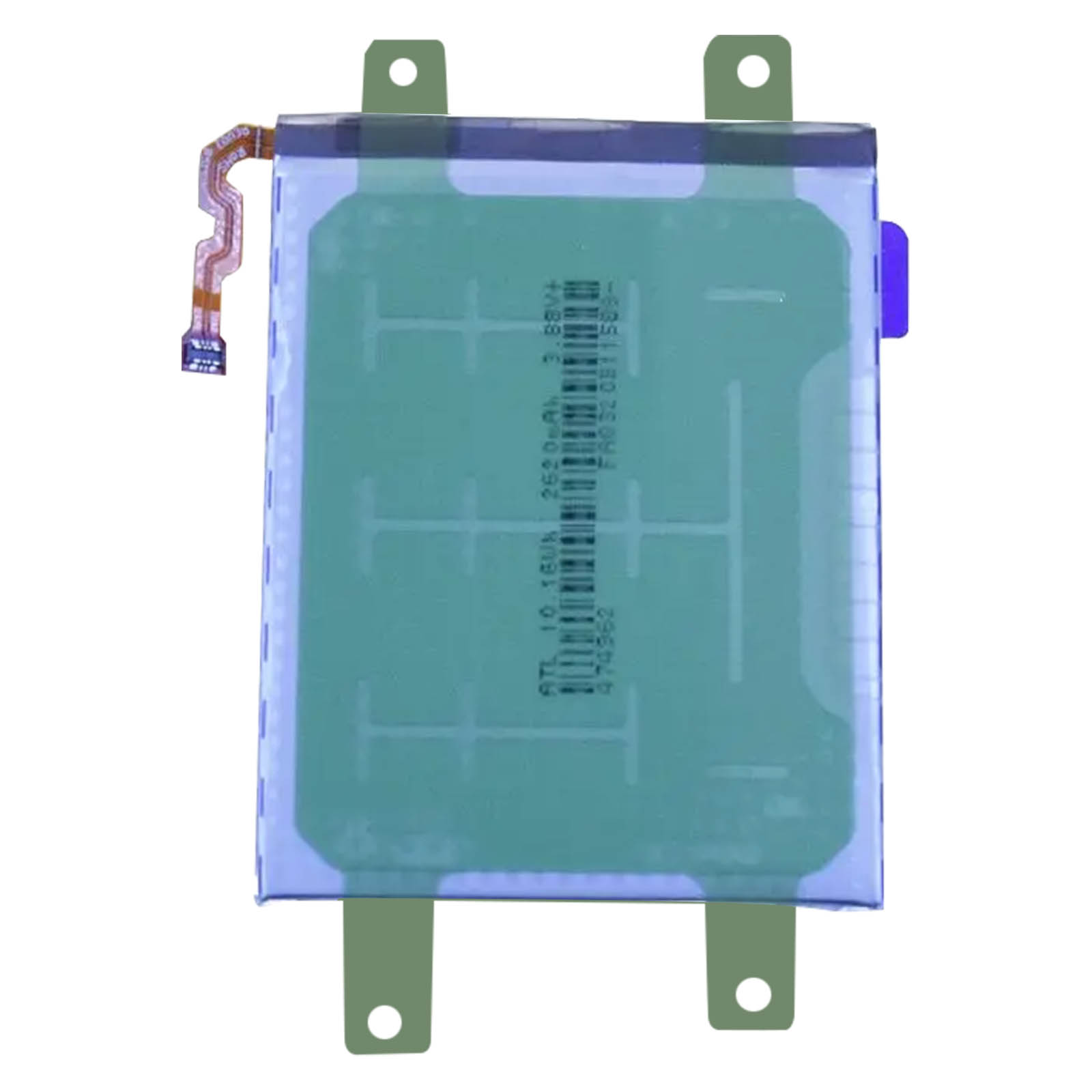 Batteria rettangolare con etichetta verde e cavo flessibile, sfondo bianco.