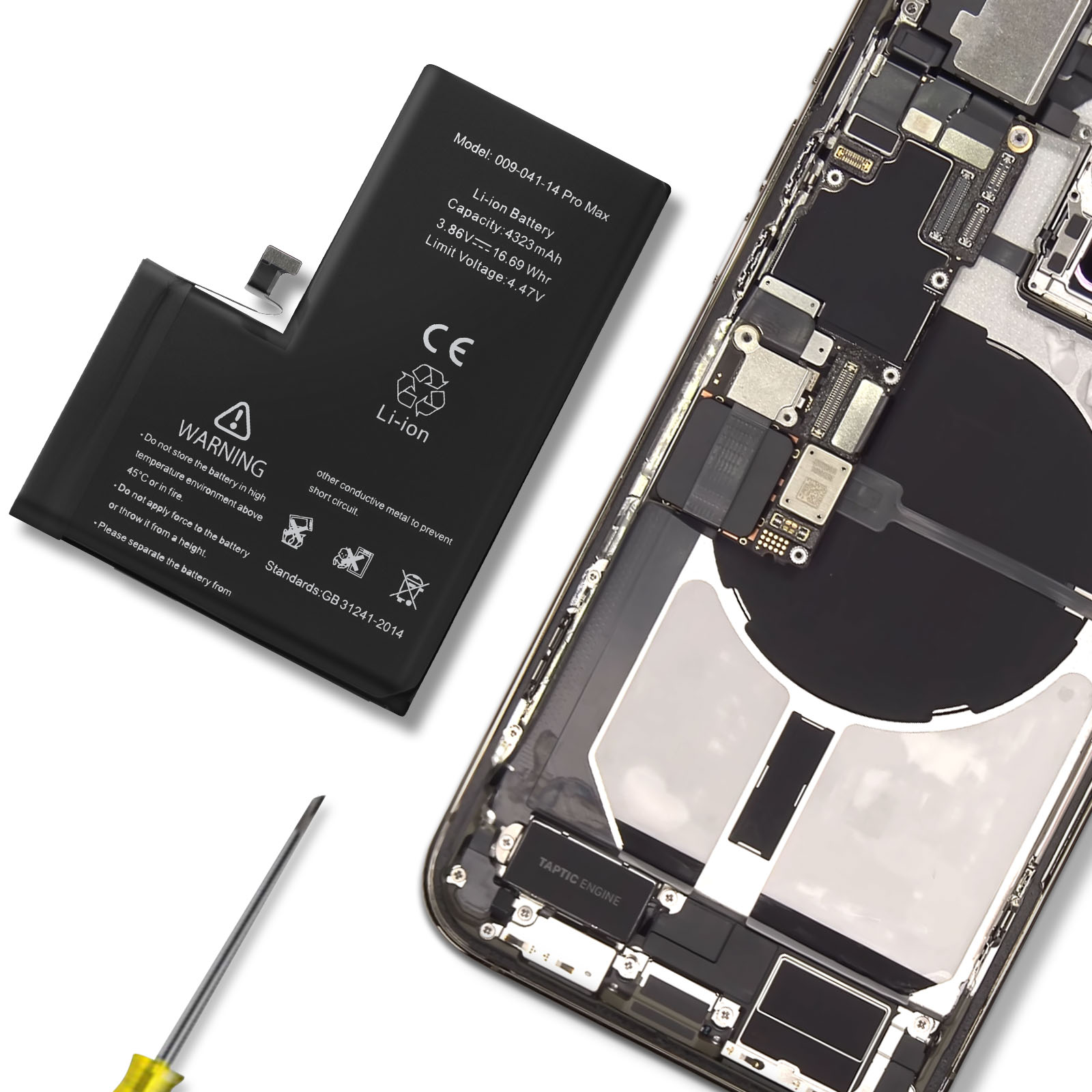 Una batteria Li-ion per iPhone giace accanto al telefono aperto e un cacciavite.