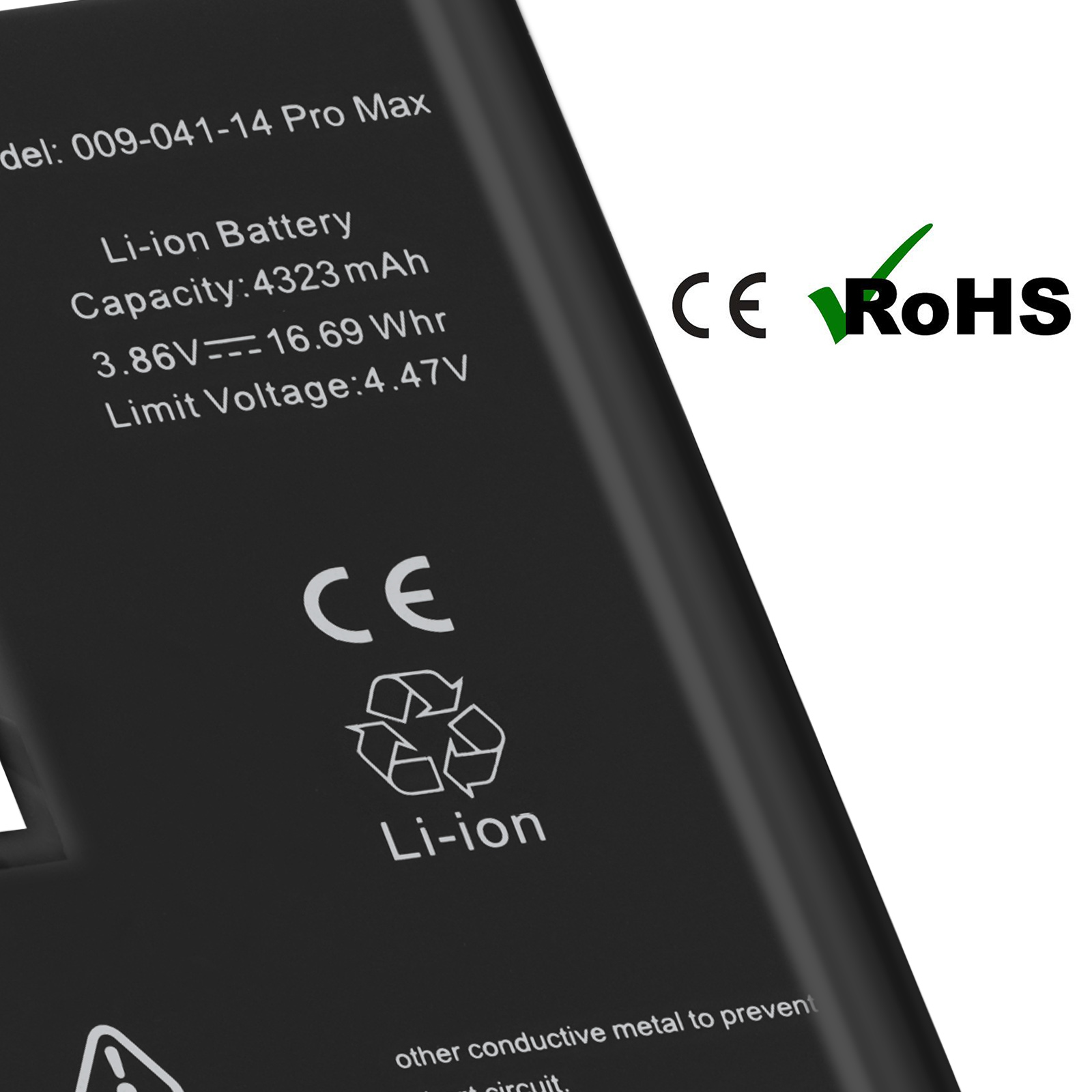 Una batteria nera con testo: Li-ion, Capacità 4323mAh, 3.86V, 16.69Whr, Voltaggio Limite 4.47V.