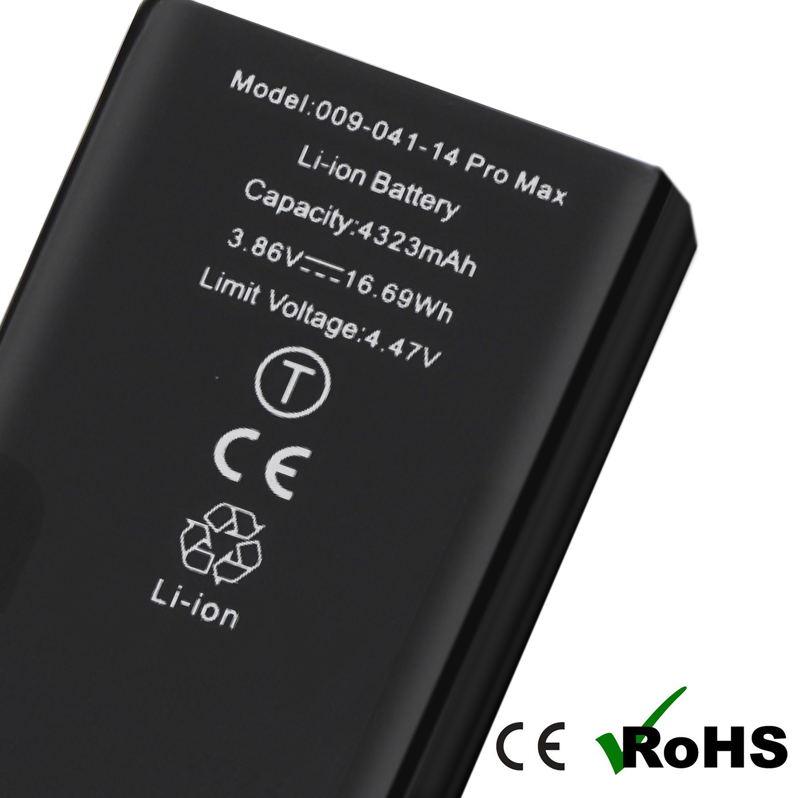 Batteria nera con dettagli di modello, capacità e tensione.