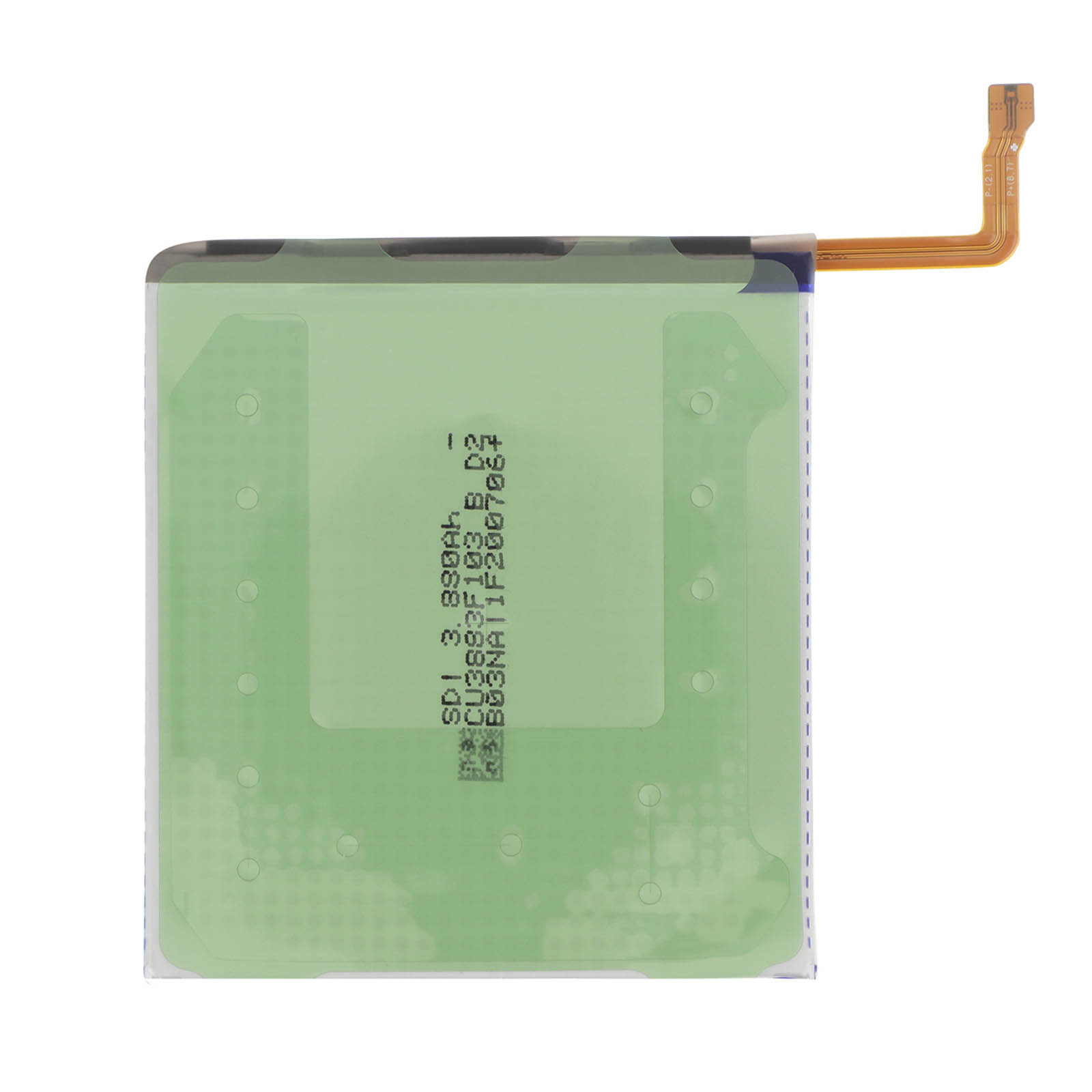 Une batterie plate avec un autocollant vert et un câble orange souple.