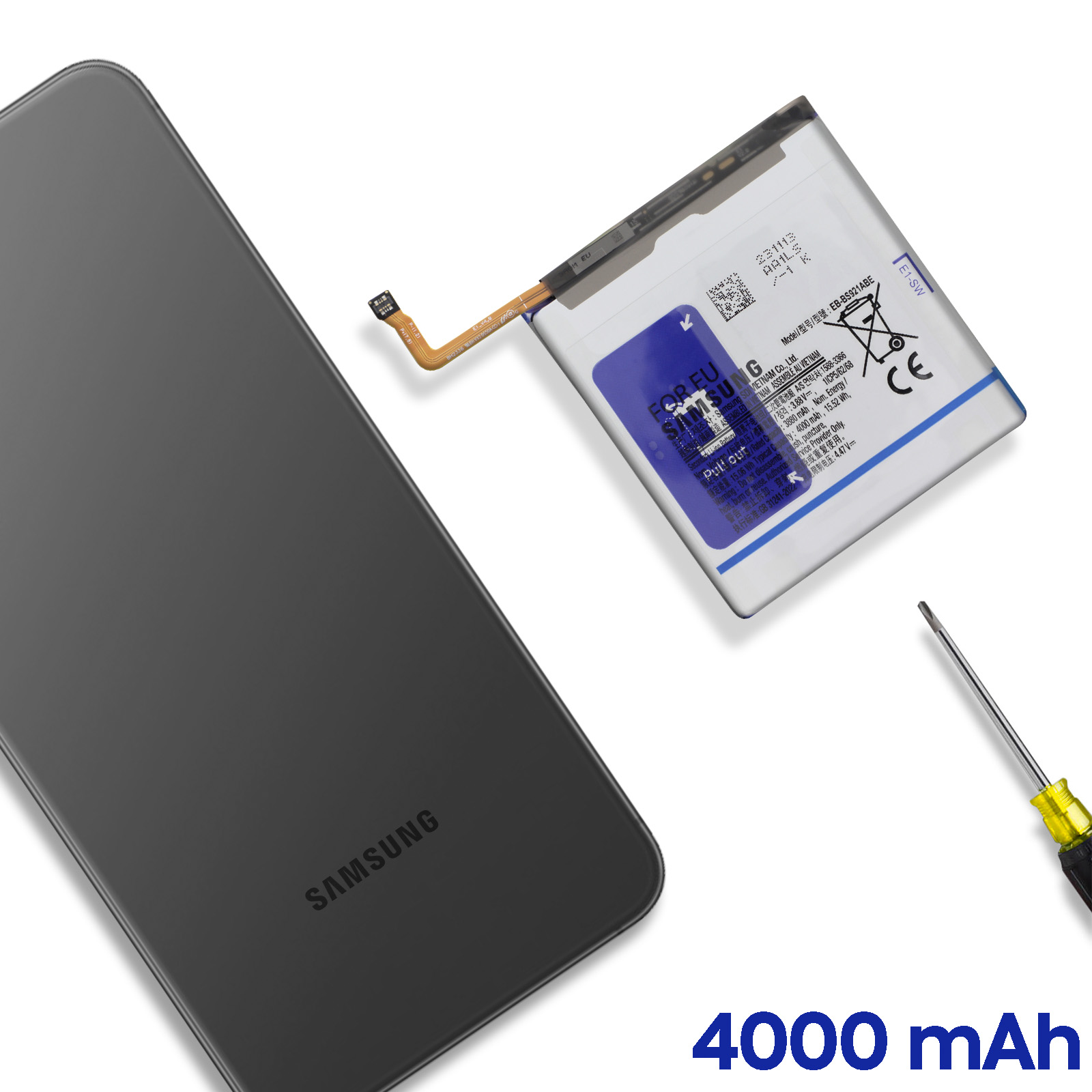 Un smartphone, une batterie de 4000 mAh et un tournevis sur fond blanc.