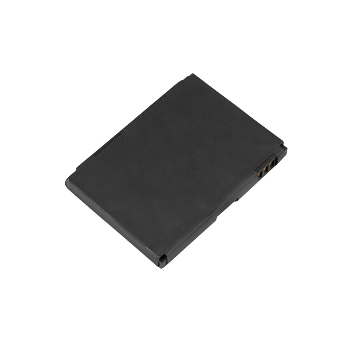 Batteria nera con connettori sul lato destro, isolata su sfondo bianco.