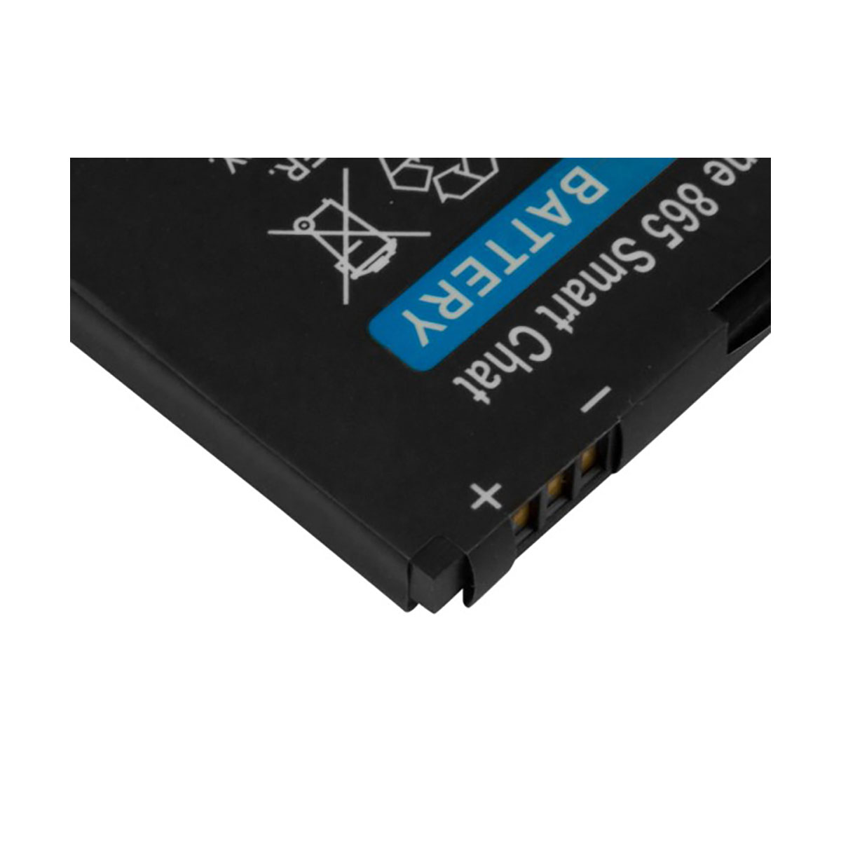 Una batteria nera con etichetta "BATTERY 865 Smart Chat" e simboli.