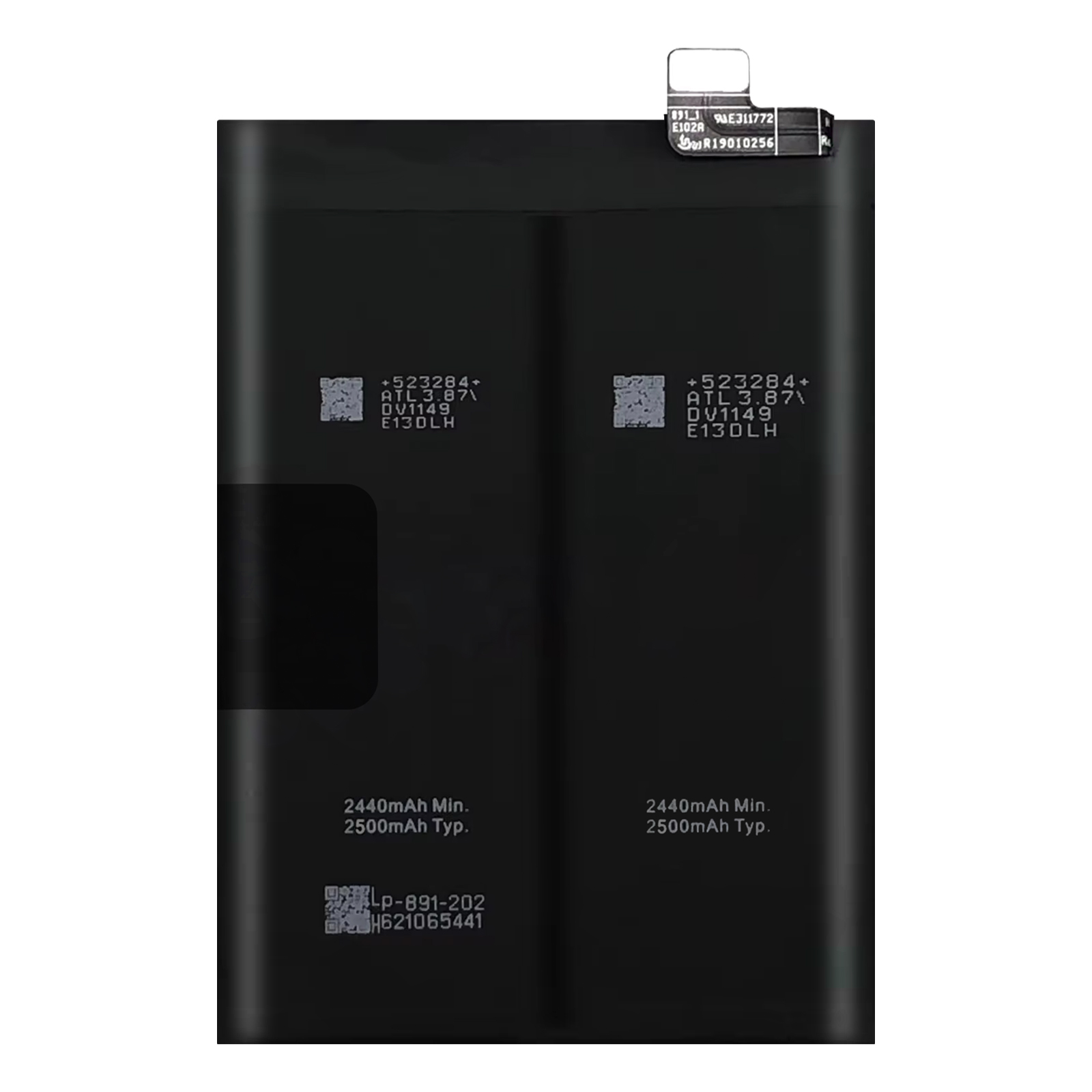 Batteria nera con testo: 2440mAh Min., 2500mAh Typ.