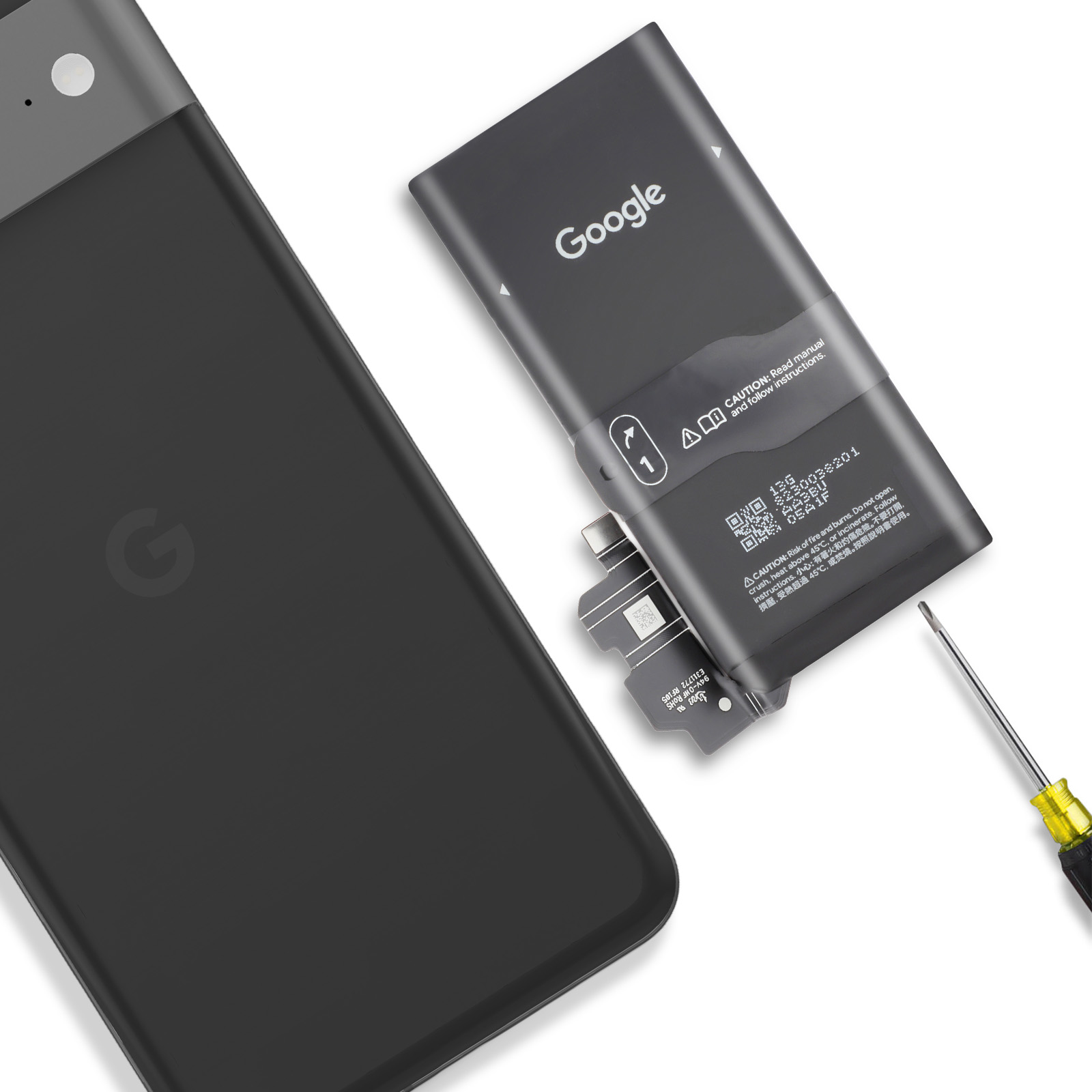 Il retro di un telefono Google Pixel nero è accanto a una batteria Google.