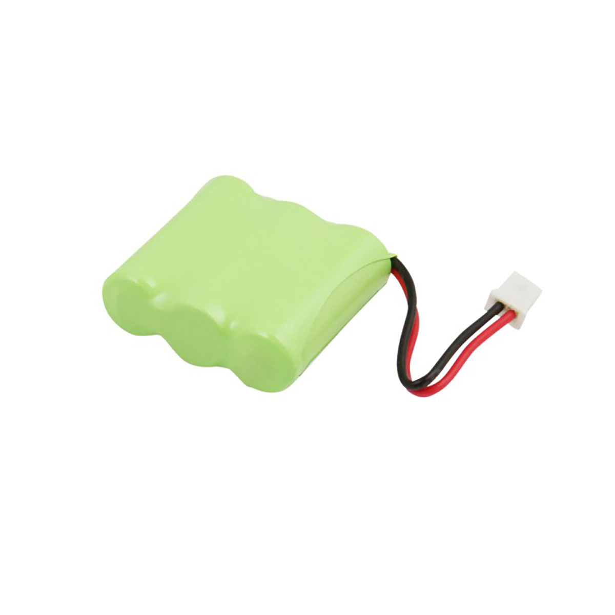 Pacco batteria verde a tre celle con cavi e connettore bianco.