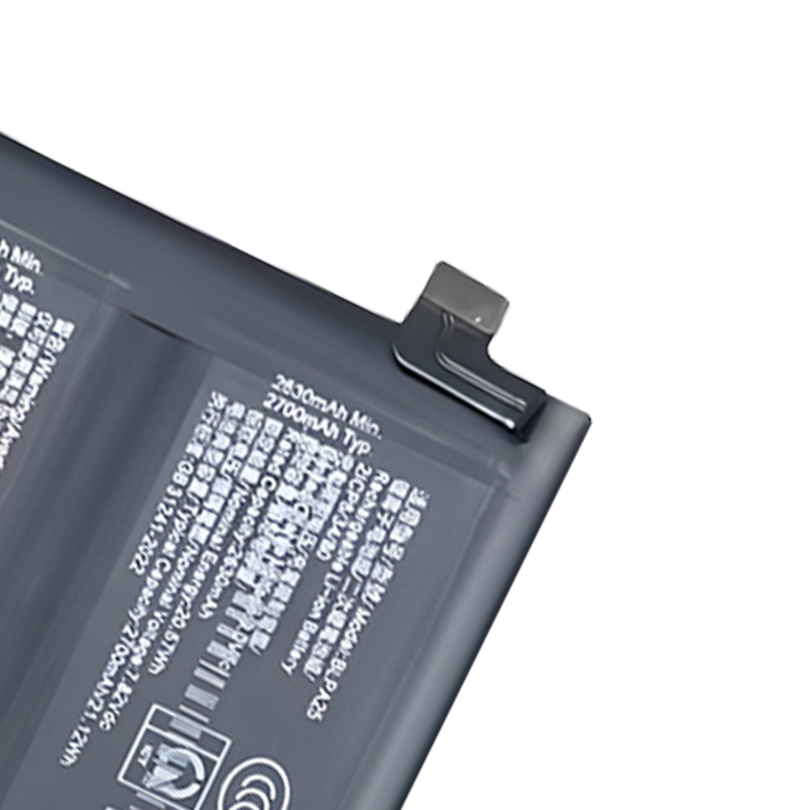 Una batteria grigia con testo, modello BLPA25, 2630mAh min.