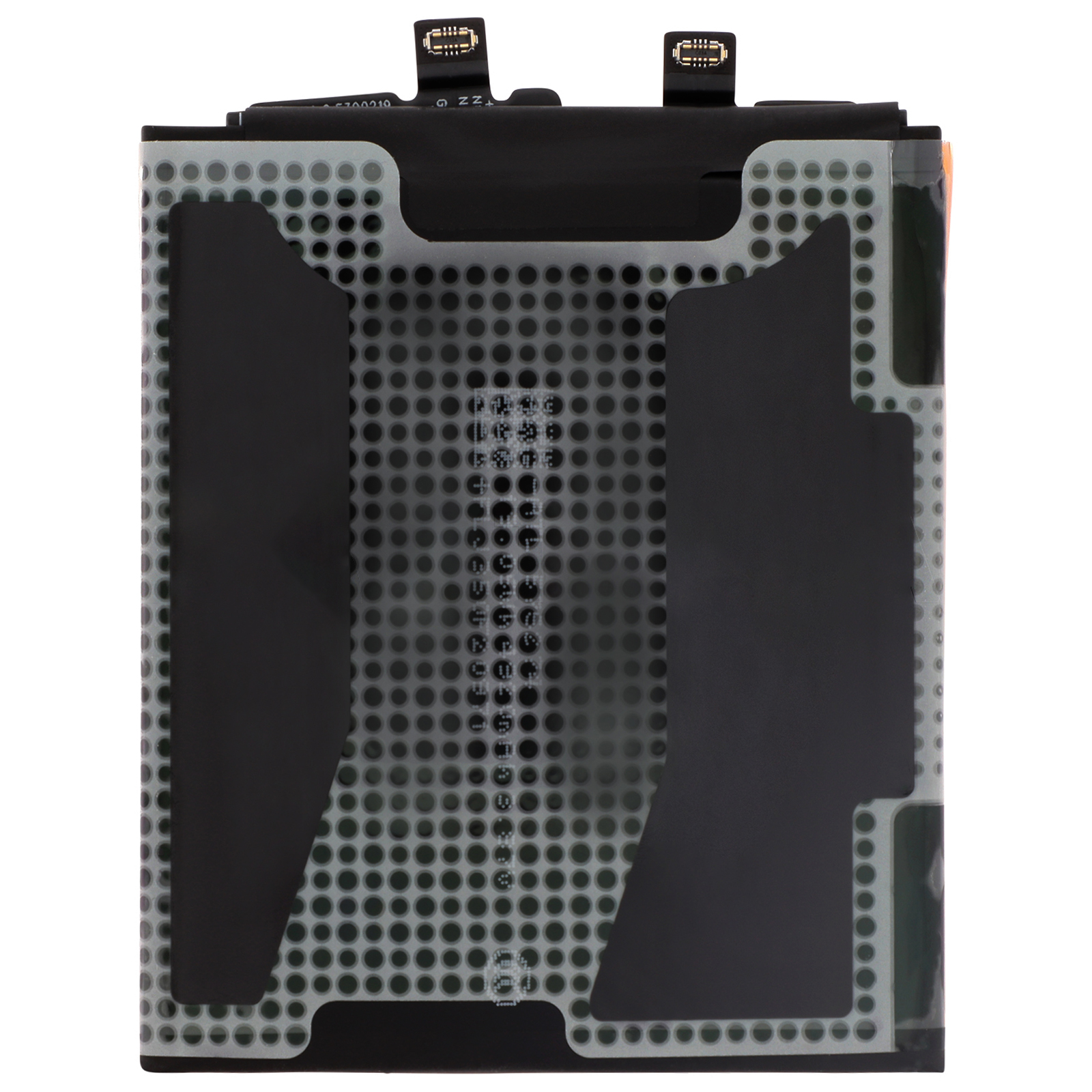 Batteria nera con copertura forata e connettori in alto.