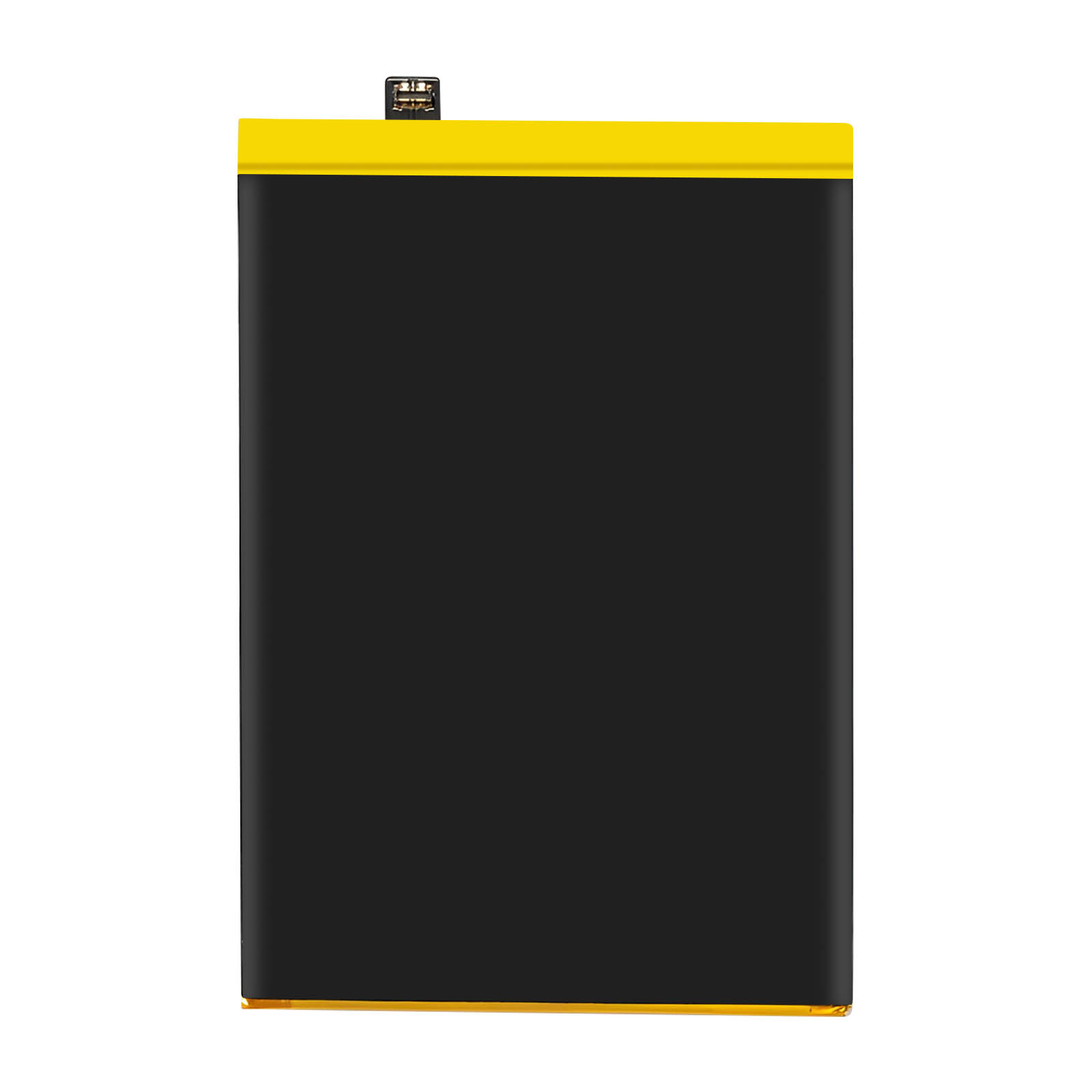 Batteria nera con accenti gialli e un connettore in alto.