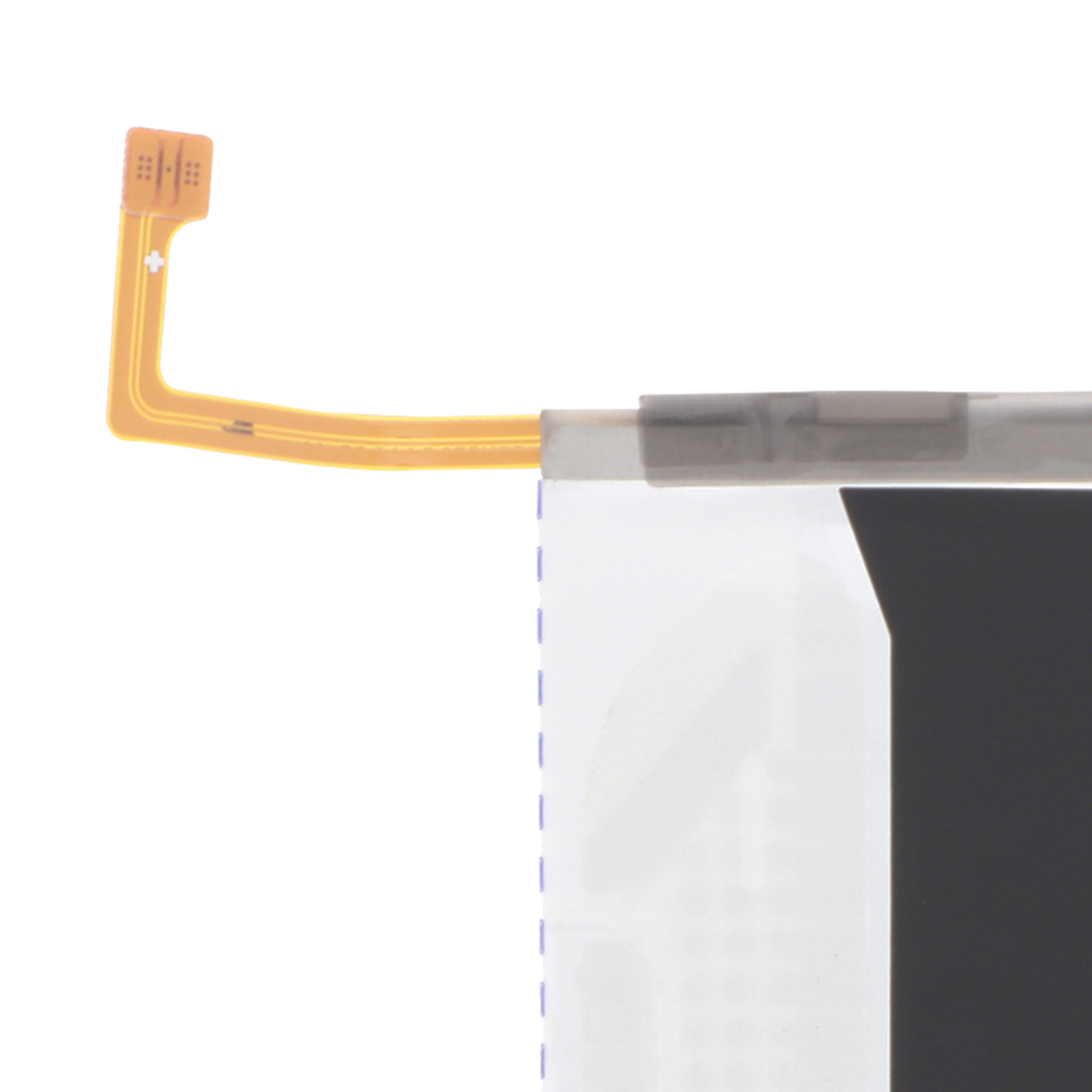 Un câble plat jaune avec un connecteur rectangulaire et une section transparente.
