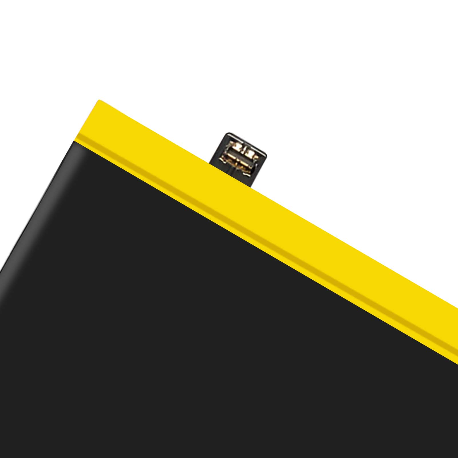 Una batteria nera con striscia gialla e punti di connessione.