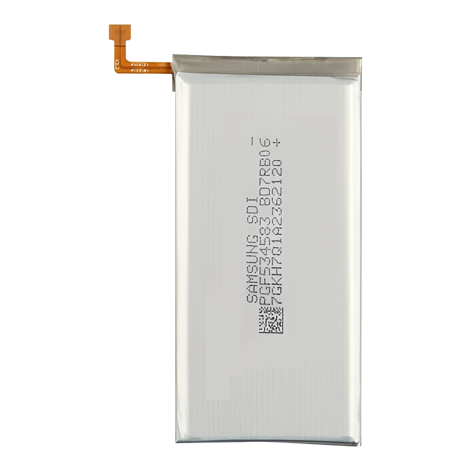 Una batteria bianca con un cavo connettore arancione e testo nero.