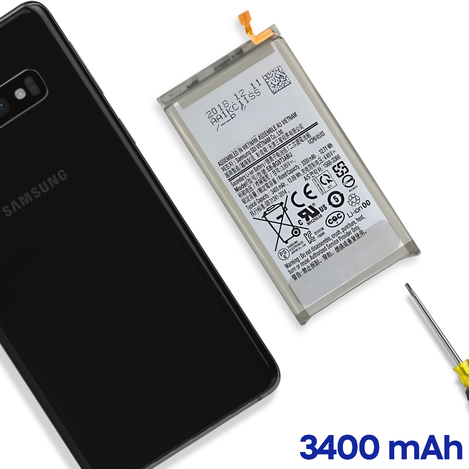 Smartphone Samsung nero con batteria di ricambio e attrezzo.