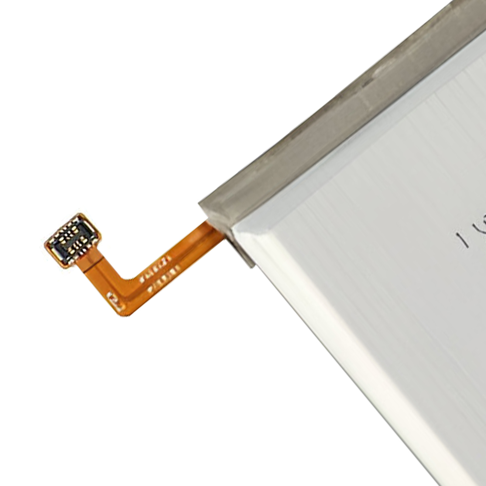 Una batteria piatta con cavo flessibile arancione e connettore.