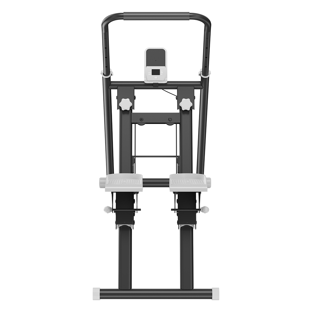 Czarny sprzęt do ćwiczeń z białymi podnóżkami i wyświetlaczem.