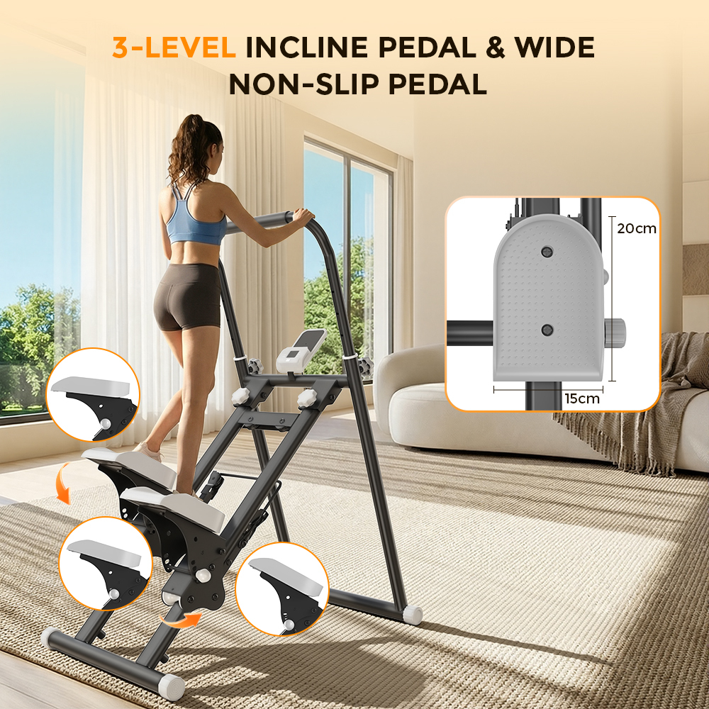 Kobieta ćwiczy na stepperze 3-stopniowym z szerokimi, antypoślizgowymi pedałami.