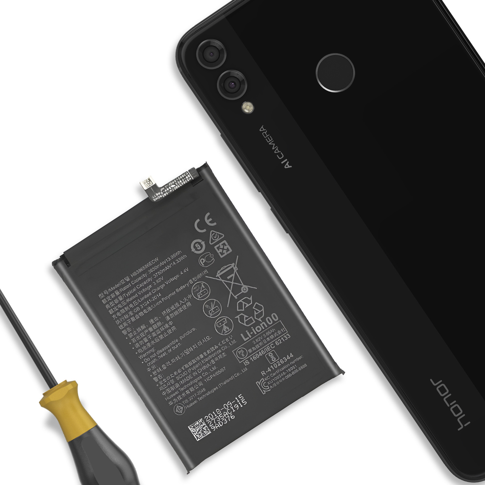 Retro nero smartphone vicino a batteria nera e cacciavite con manico giallo.