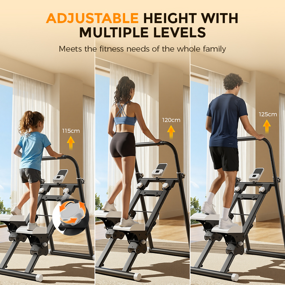 Dziecko, kobieta i mężczyzna na urządzeniu fitness na różnych wysokościach.