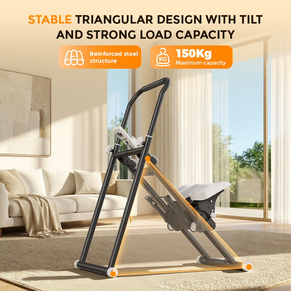 Czarny sprzęt do ćwiczeń z trójkątną ramą i białym siedziskiem stoi w salonie.