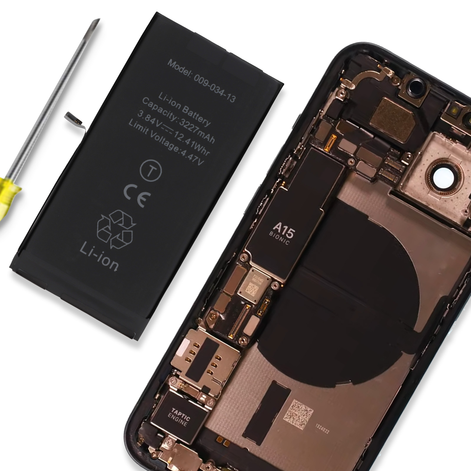 Ein Smartphone im Inneren mit einer losen Batterie und einem Schraubendreher.