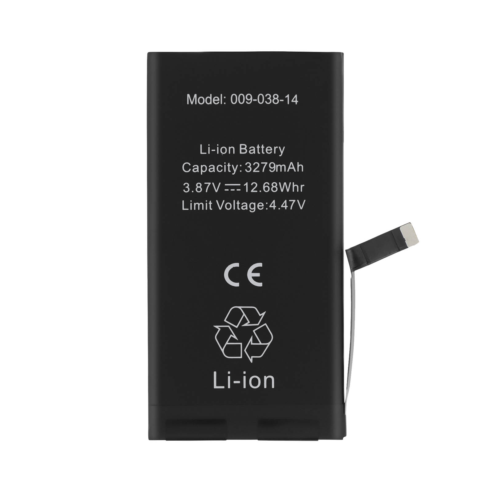 Batteria nera Li-ion, modello 009-038-14, con marchio CE e simbolo di riciclo.