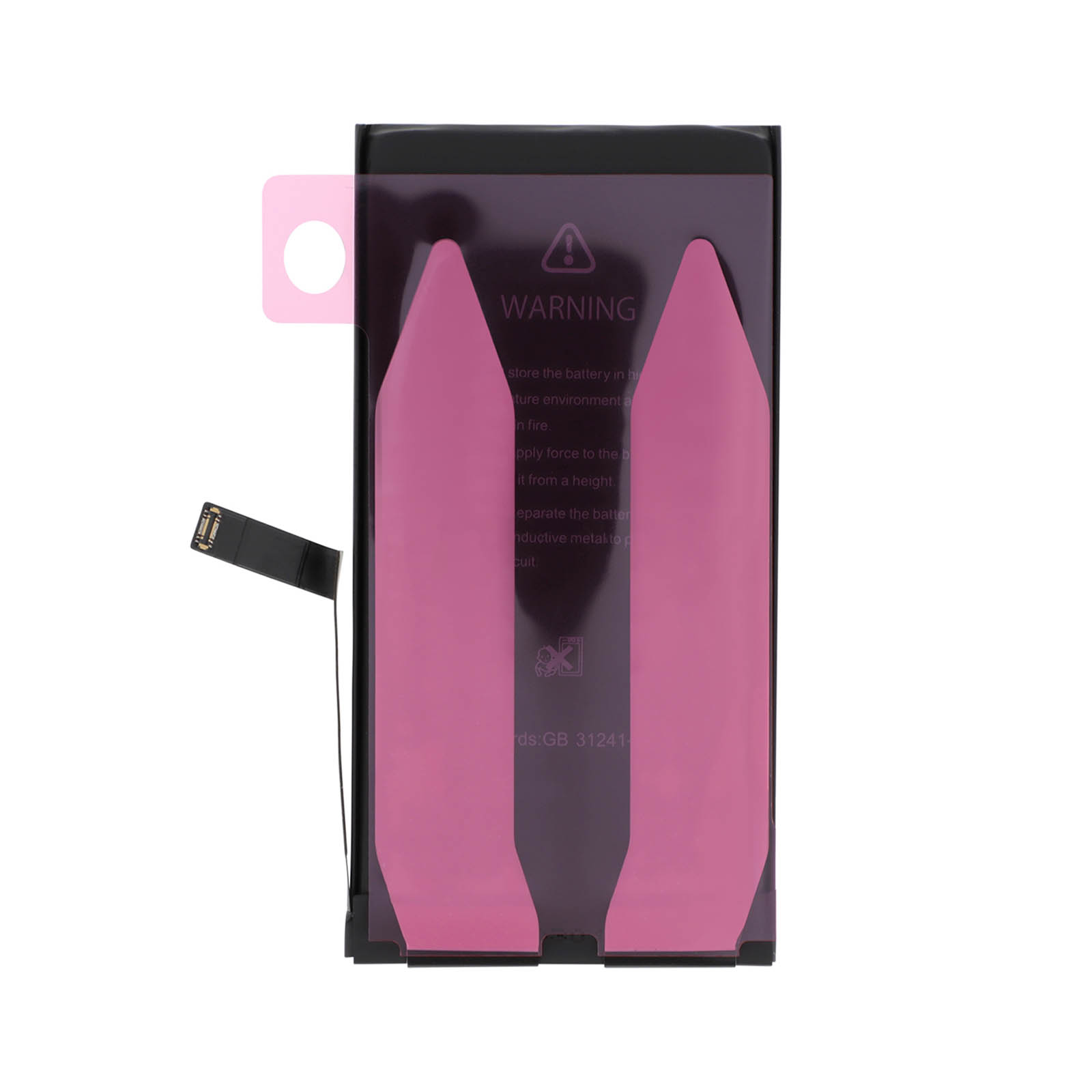Una batteria per smartphone con etichette di avvertenza e strisce adesive rosa.