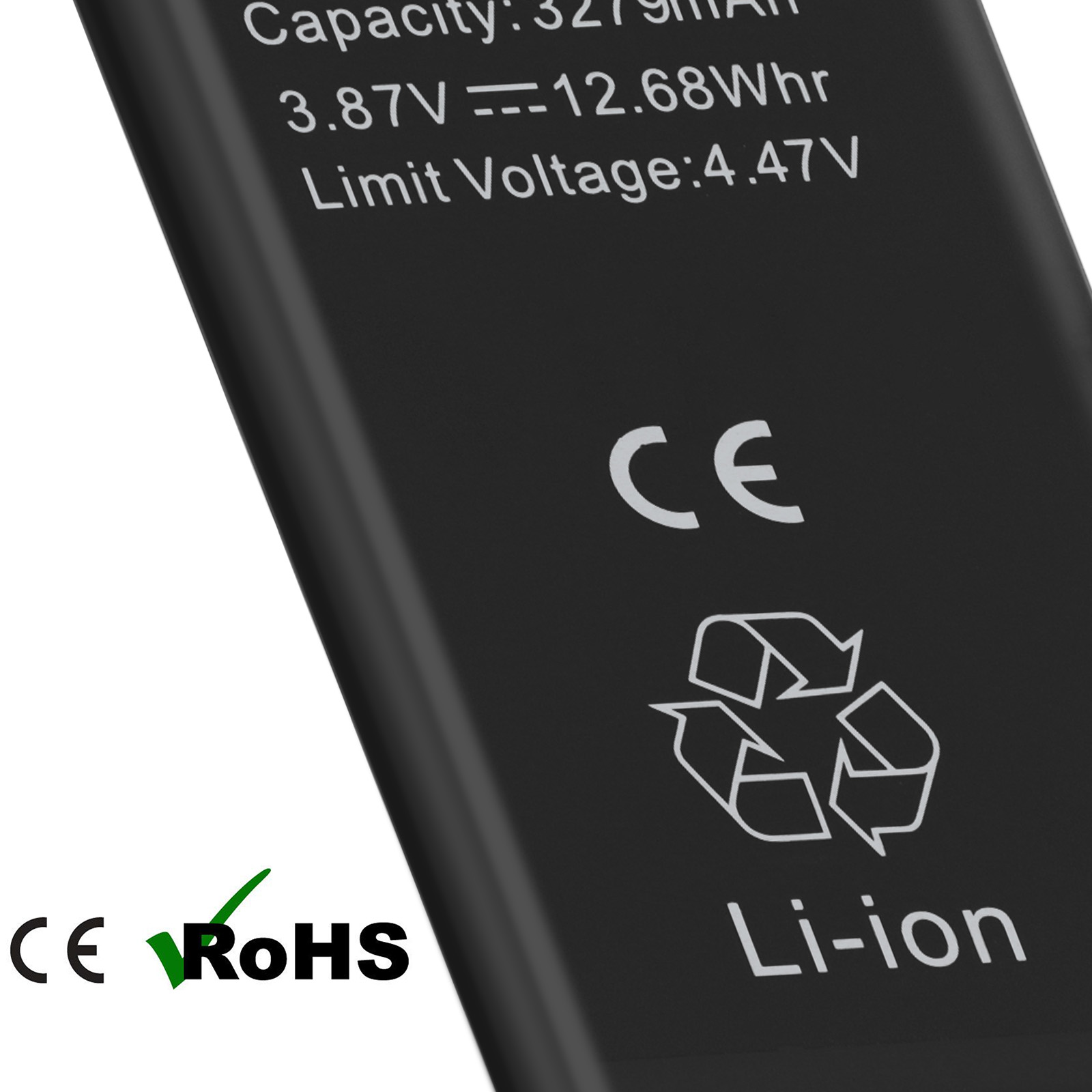 Batteria nera con specifiche, sigilli CE e RoHS.