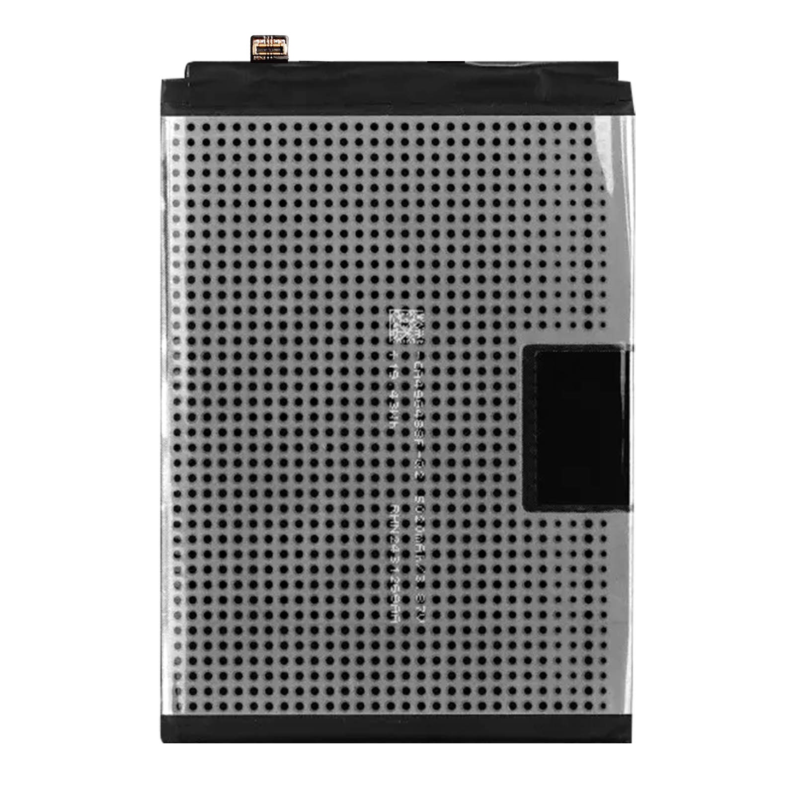 Una batteria rettangolare con custodia in metallo perforato e connettore nero.
